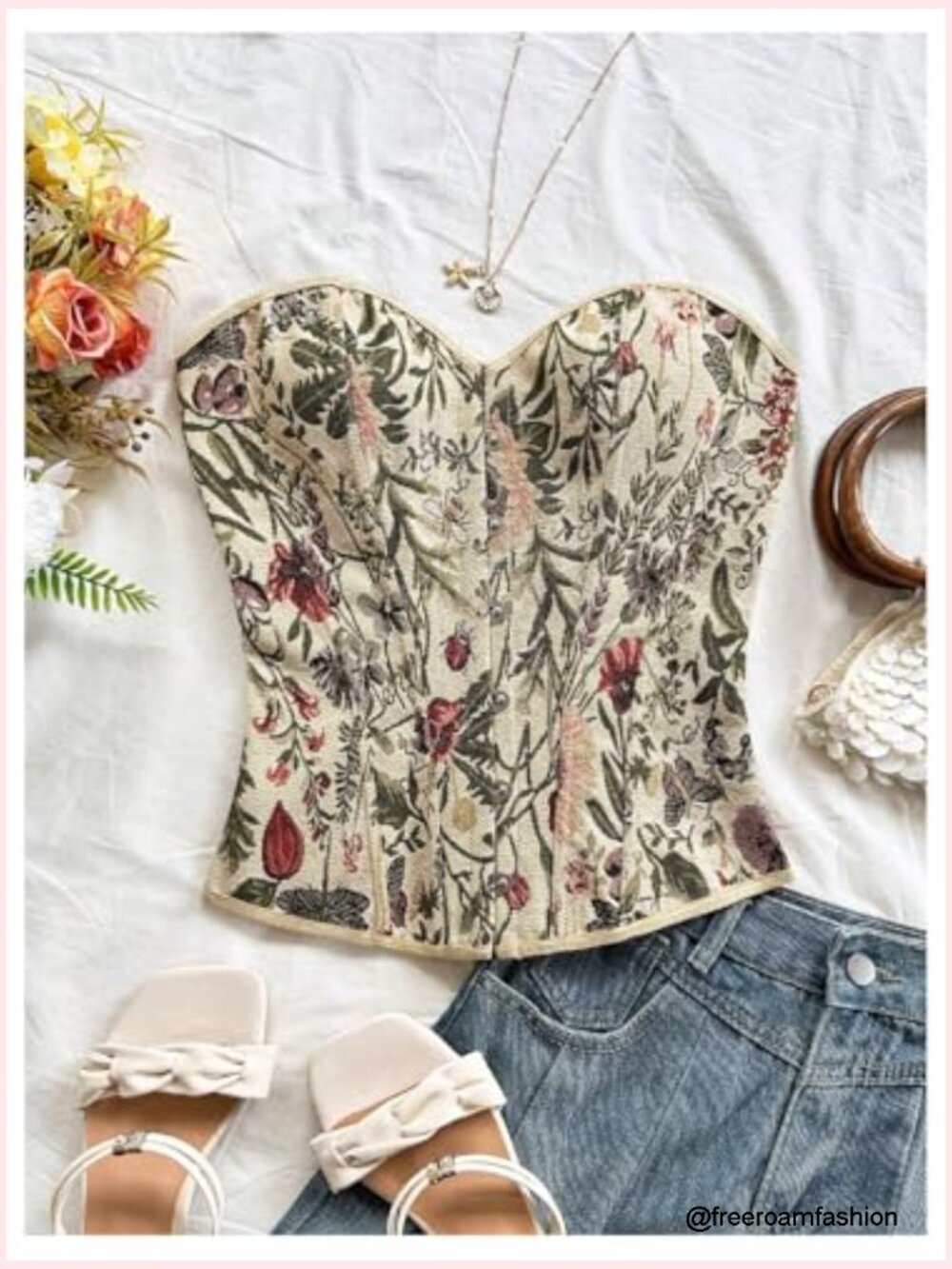 Women's Vintage Bustier Corset Top Floral Lace Up Strapless Boned Crop Tube Top - Picture 4 of 5
